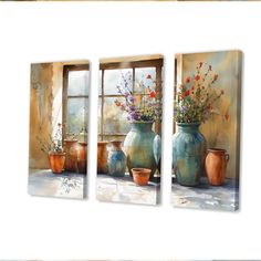 three paintings of vases with flowers in them