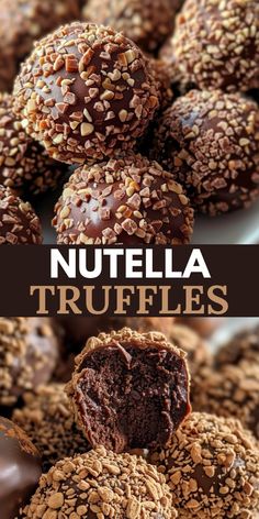 chocolate covered nutella truffles stacked on top of each other with text overlay