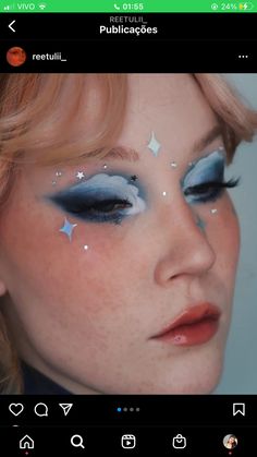 Drag Eyeshadow Looks, Primary Color Makeup, Space Eye Makeup, Space Themed Makeup, Vaporwave Makeup, Cloud Eye Makeup, Blue And White Makeup, Eclipse Makeup, Celestial Makeup