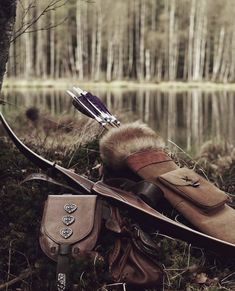 a pair of hunting boots sitting on the ground next to a tree with arrows sticking out of it