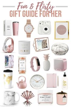 the gift guide for her is full of pink and white items, including coffee mugs,