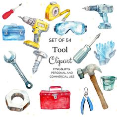 watercolor tool clipart set with tools such as hammers, wrench, pliers and other items