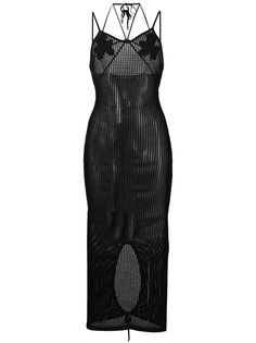 black knitted construction semi-sheer construction leaf embroidery spaghetti straps scoop neck rear slit halterneck tie fastening below-knee length Dress Knit, Airport Fashion, Knit Midi, Knit Sweater Dress, Knit Midi Dress, Airport Style, Black Midi Dress, Black Knit, Aesthetic Clothes