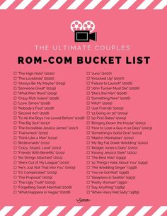 the ultimate couple's rom - com bucket list is shown in pink and white