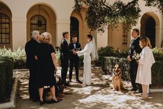 a group of people standing around a dog