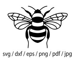 a black and white bee with the words svg / dxf / epss / png / pat / jp