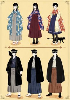 four women in kimonos and hats are standing next to each other with a dog