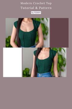 the front and back view of a woman's green top