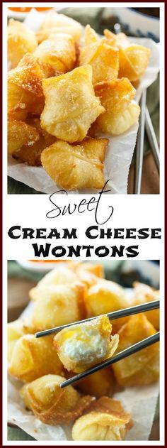 sweet cream cheese wontons with chopsticks on top and in the background