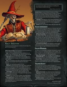 a page with an image of a skeleton wearing a hat and holding a book in its hands