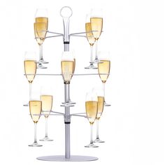 a wine glass holder with six champagne glasses on it's side and four filled up