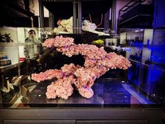 an aquarium filled with lots of pink flowers on top of a black counter next to a man