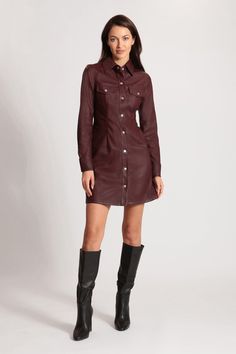 Dark Red Faux Ever Leather Long Sleeve Shirtdress Dress Night Dresses, Faux Leather Dress, Women Figure, Holiday Party Dresses, Autumn Dress, Leather Dresses, Fall Fashion Trends, Leather Dress, Shirtdress