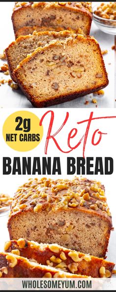 banana bread with nuts on top and text overlay that reads 29 net cards keto banana bread