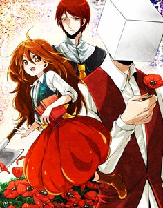 two anime characters standing next to each other in front of red flowers and an orange flower