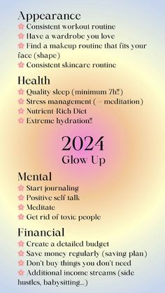 Do you want to be a new version of yourself in 2024? Then this glow up challenge is for you! Get a health glow up, a mental glow up and a beauty glow up -> Ultimate 2024 glow up!! (2024 goals, 2024 glow up list, self care) Glow Up List, New Version Of Yourself, Glow Up Plan, Glow Up Aesthetic, Goals 2024, Glow Up Checklist, Glow Up Challenge, Glow Up Era, 2024 Goals