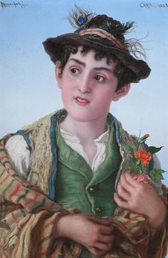 a painting of a young boy holding a flower