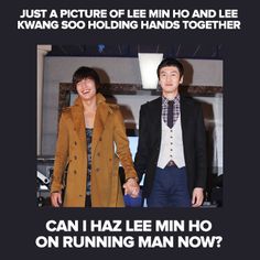 two people standing next to each other in front of a black and white photo with text that reads, just a picture of lee min ho and lee kw kong holding hands together