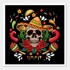 a skull wearing a sombrero with roses and mexican hats on it's head