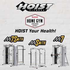 three different types of gym equipment in front of a white brick wall with the words hoist fitness on it