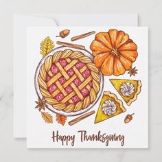 a thanksgiving card with pie, pumpkins and leaves