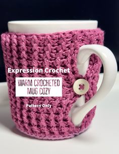 a knitted mug cozy with the words warm crocheted mug cozy on it