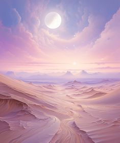 a painting of the desert at sunset with mountains in the distance and a bright moon above