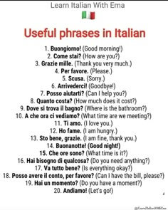 an italian song with the words useful phrases in italian written below it, along with other words