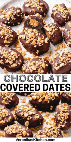 chocolate covered dates on a baking sheet with text overlay that reads chocolate covered dates