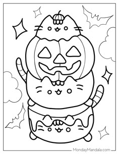 a black and white halloween coloring page with two pumpkins on top of each other