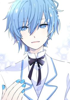 an anime character with blue hair wearing a white shirt and black bow tie, standing in front of snowflakes