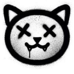 a black and white drawing of a cat's face with cross marks on it