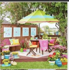 a collage of photos showing different types of furniture and decor in the garden, including an umbrella