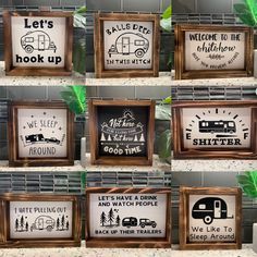 wooden framed signs with camper sayings on them in various styles and sizes, along with the words let's go camping