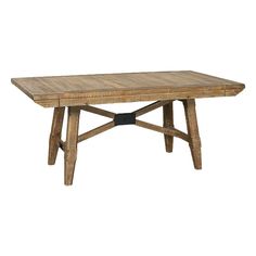 a wooden table with two crossed legs