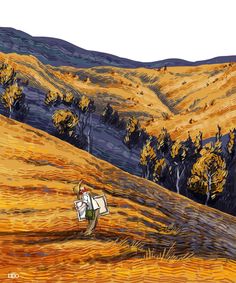 a painting of a man walking across a grass covered hillside with trees in the background