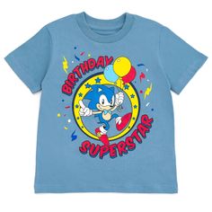 Celebrate your special day in this stylish Sonic the Hedgehog birthday shirt! This cute short sleeve tee features the words "Birthday Superstar" and colorful artwork of your kid's favorite speedy video game character holding birthday balloons. Dressed in this soft and comfy Sega Sonic the Hedgehog tshirt, your little gamer is ready for an exciting birthday adventure! Five Year Old Birthday Theme Boy, Sonic The Hedgehog Birthday Shirt, Sonic 5th Birthday, Sonic Birthday Party, Sonic Birthday Parties, Hedgehog Birthday, 5th Birthday Ideas, Sonic Birthday, Soft Clothing