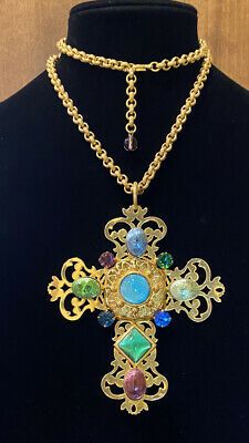 Rare Vtg. MASSIVE Philippe Ferrandis Runway Gripoix Cross Pendant Necklace | eBay Designer Cabochon Jewelry Gift, Designer Cabochon Jewelry As A Gift, Designer Cabochon Jewelry As Gift, Designer Cabochon Jewelry For Gifts, Designer Gold Jewelry With Cabochon, Designer Hallmarked Jewelry For Collectors, Designer Hallmarked Jewelry For Evening, Designer Jeweled Jewelry Gift, Designer Oval Hallmarked Jewelry