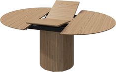 a wooden table with a laptop on it's top and an office chair at the base