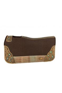 a brown and gold purse with green accents