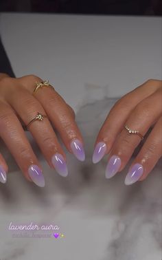 Nail Inspo Pastel Purple, Lilac Nails Acrylic Design, Nail Inspiration Lavender, Nails Not French Tip, Purple Simple Nail Designs, Short Round Nails Purple, Purple French Tip Nails With Glitter, Light Purple Almond French Tip Nails, Light Purple And White Nails