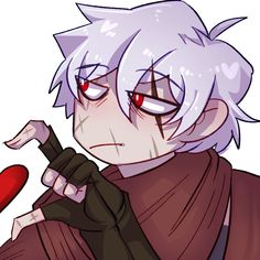 an anime character with white hair and red eyes, holding a knife in his hand