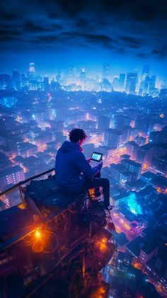 a man sitting on top of a building with a laptop computer in his lap looking at the city lights