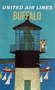 an advertisement for the united air lines shows people on top of a light house with sailboats in the water