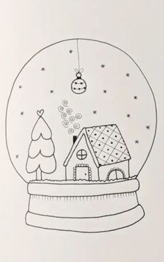 a drawing of a snow globe with a house in it and a christmas tree inside