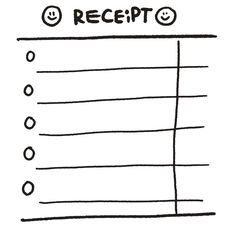 a hand drawn receipt with smiley faces on the top and bottom line, in black ink