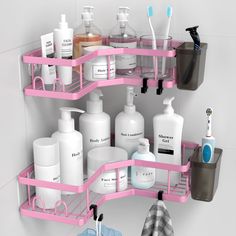 a bathroom shelf with soap, lotion and toothbrushes