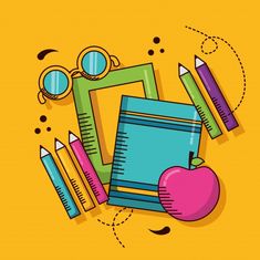 an apple, pencils and books on a yellow background