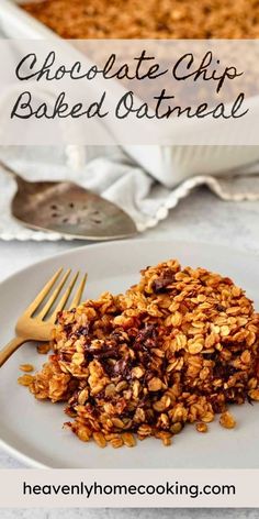 chocolate chip baked oatmeal is on a plate with a fork and spoon