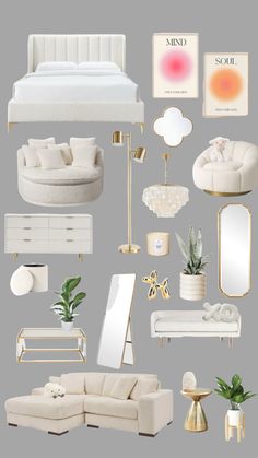 a collage of white furniture and accessories including a bed, couch, mirror, table, lamp, plant